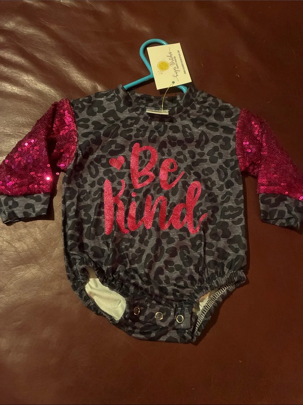 Girls' 'Be Kind' Leopard Print One-Piece with Pink Sequin Sleeves